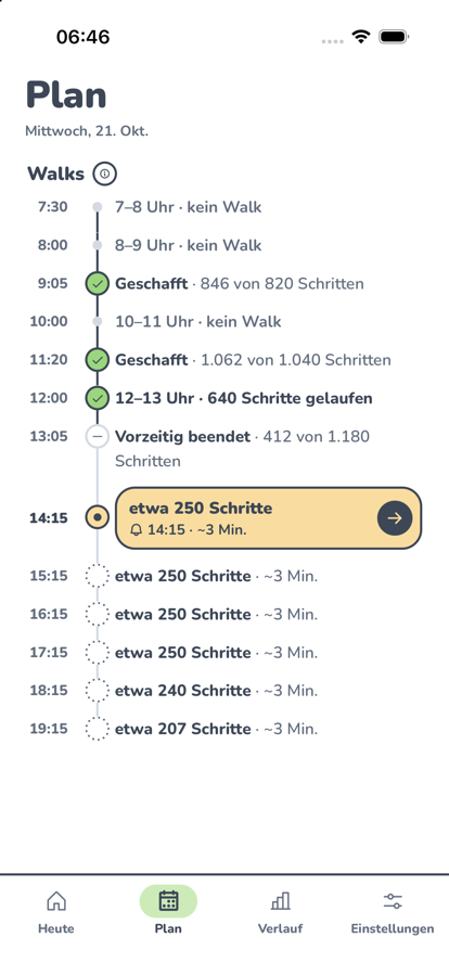 Der Plan-Tab: die Walks des Tages als Liste, der nächste um 14:15 hervorgehoben